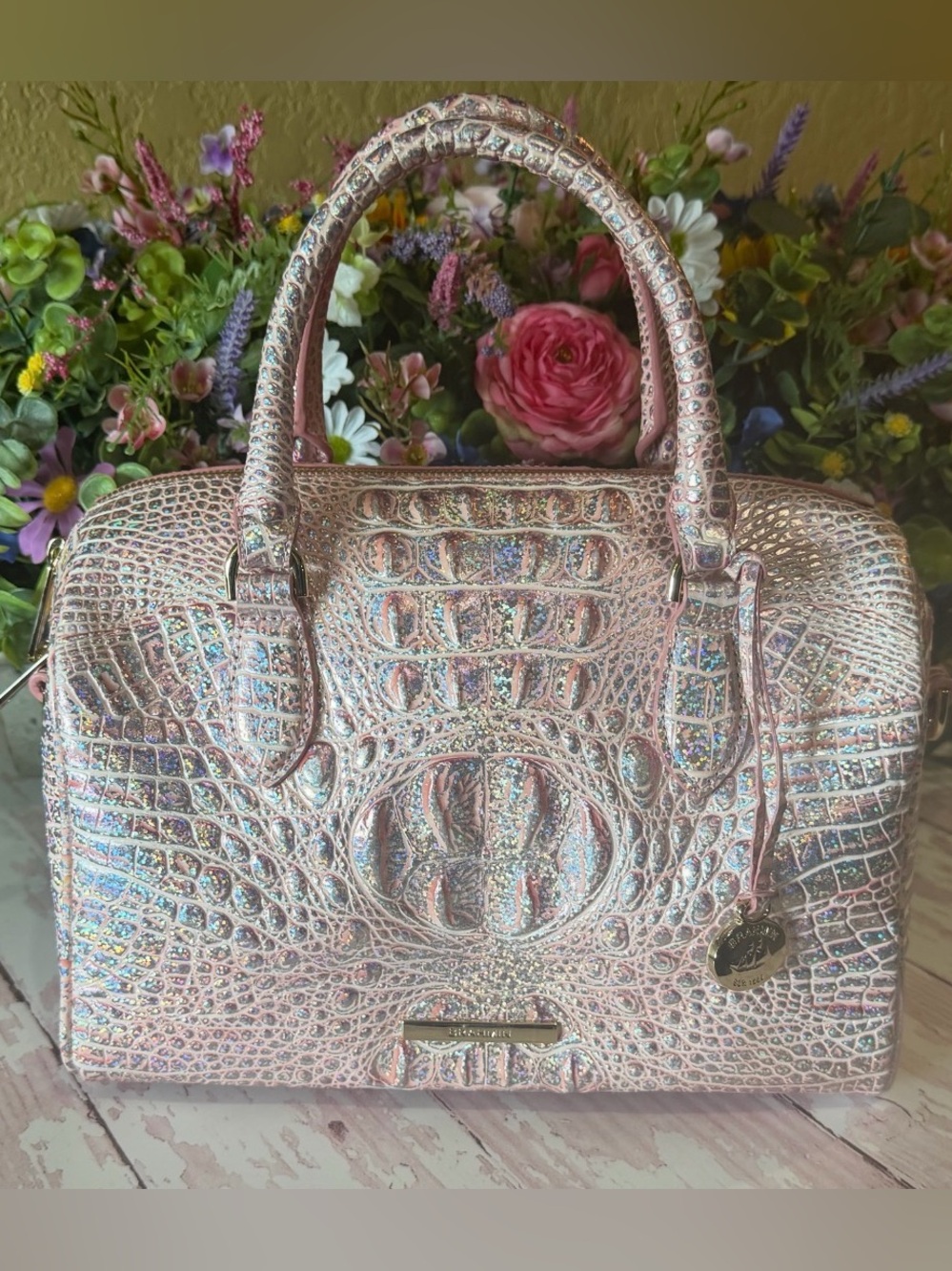 Brahmin Pixie Dust Stacy Satchel Limited Edition Pink Sparkle EUC FIRM